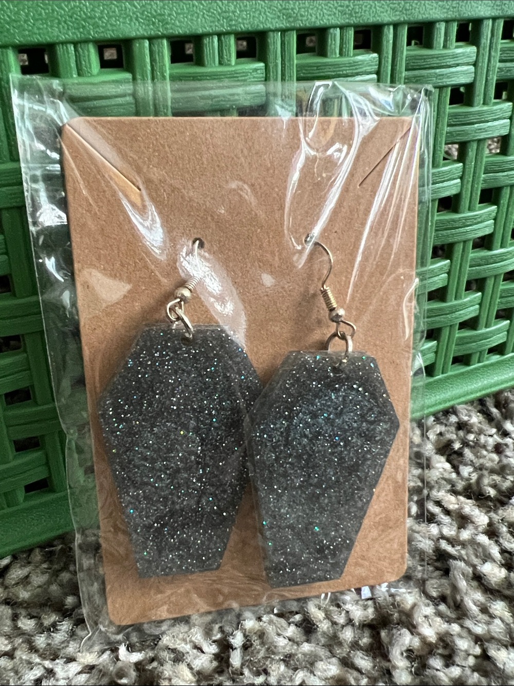 Resin Black Glitter Coffin Drop Earrings - Women Accessories